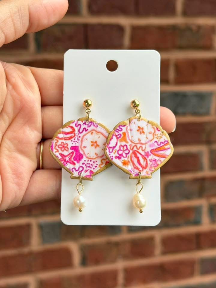 Shell Earrings with Pearl Drop – Pink Pattern Coastal Statement Earrings