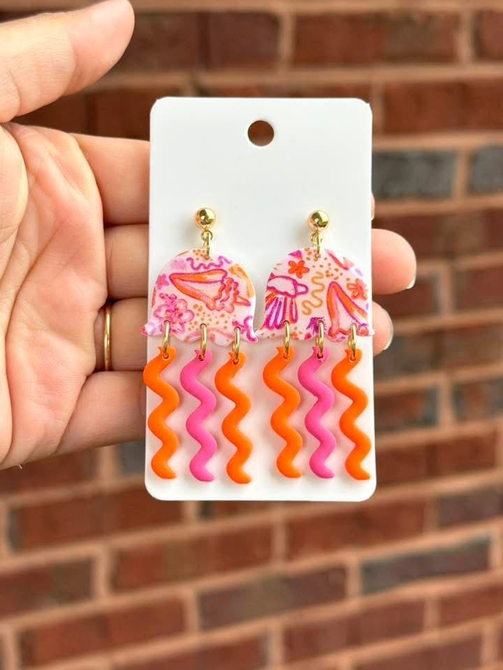 Colorful Jellyfish Earrings – Beachy Pink Pattern with Wavy Fringe Drops