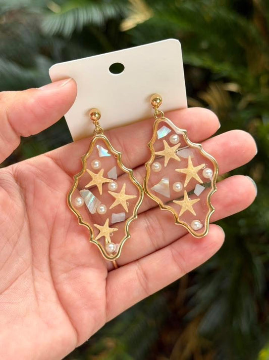 Clear Resin Beach Earrings – Gold Frame with Pearls | Coastal Statement Drops