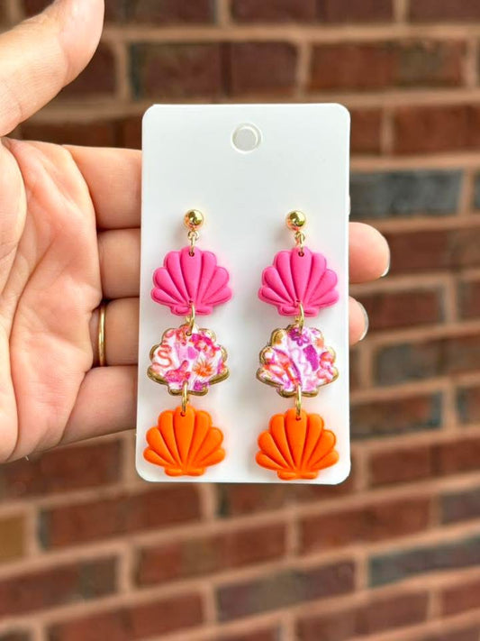 Bright Coastal Shell Earrings – Pink, Floral & Orange Tiered Statement Drops