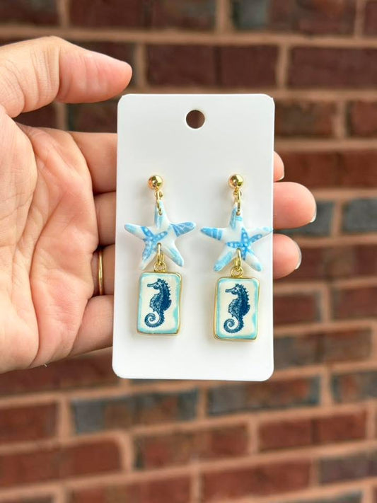 Seahorse Charm Earrings with Starfish – Coastal Blue Statement Earrings