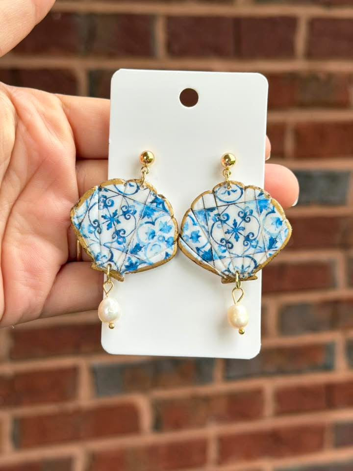 Shell Earrings – Blue Tile Pattern with Pearl Dangle