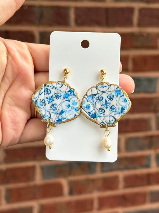 Shell Earrings – Blue Tile Pattern with Pearl Dangle