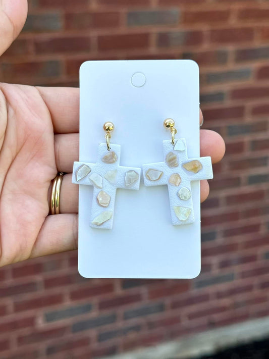 Sea glass cross dangling earrings