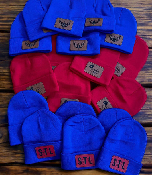 Beanies with engraved leatherette patches