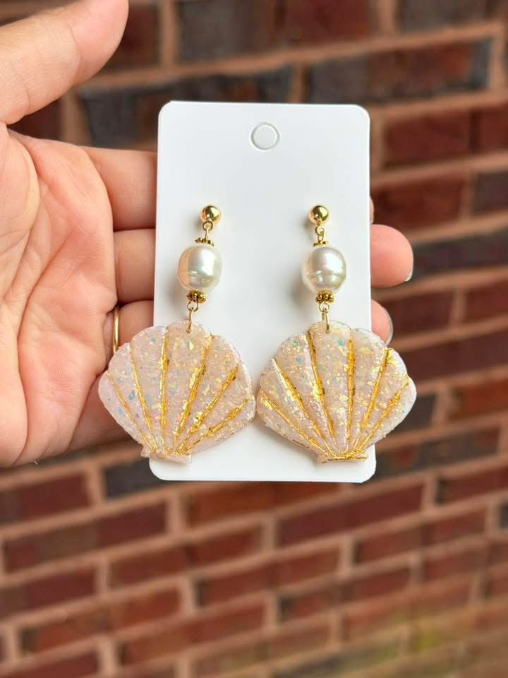 Iridescent Shell Earrings with Pearl Drop – Elegant Coastal Statement Earrings