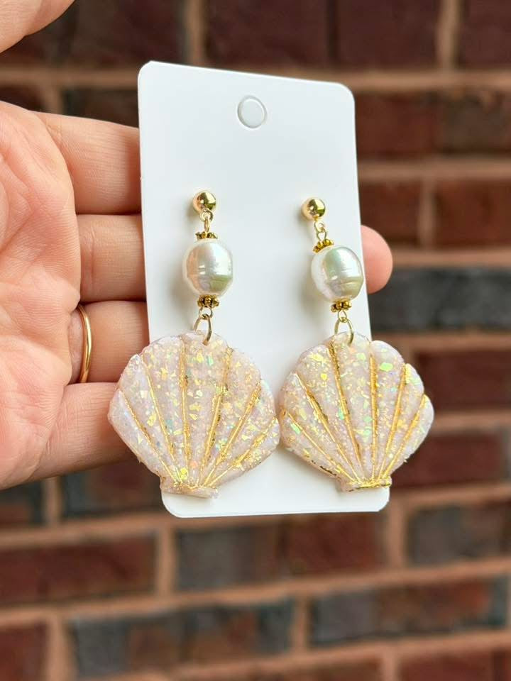 Iridescent Shell Earrings with Pearl Drop – Elegant Coastal Statement Earrings