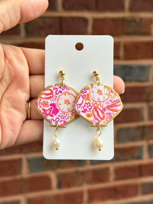 Shell Earrings with Pearl Drop – Pink Pattern Coastal Statement Earrings