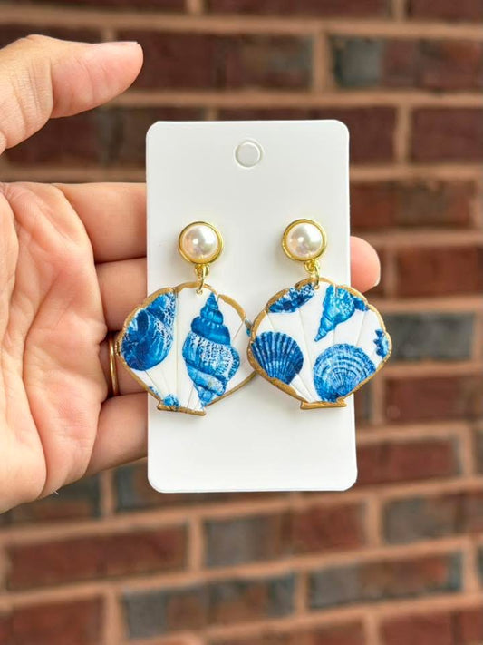 Coastal Shell Earrings with Pearl Stud – Blue Seashell Pattern Statement Drops