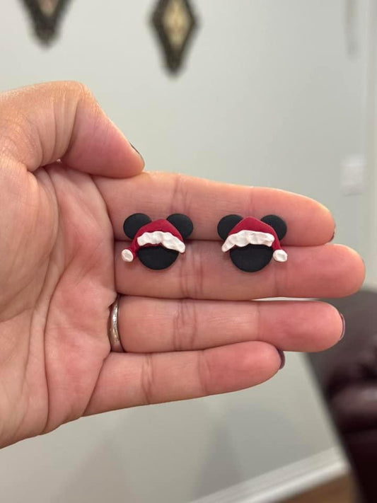 Mouse with Santa hat clay stud earrings