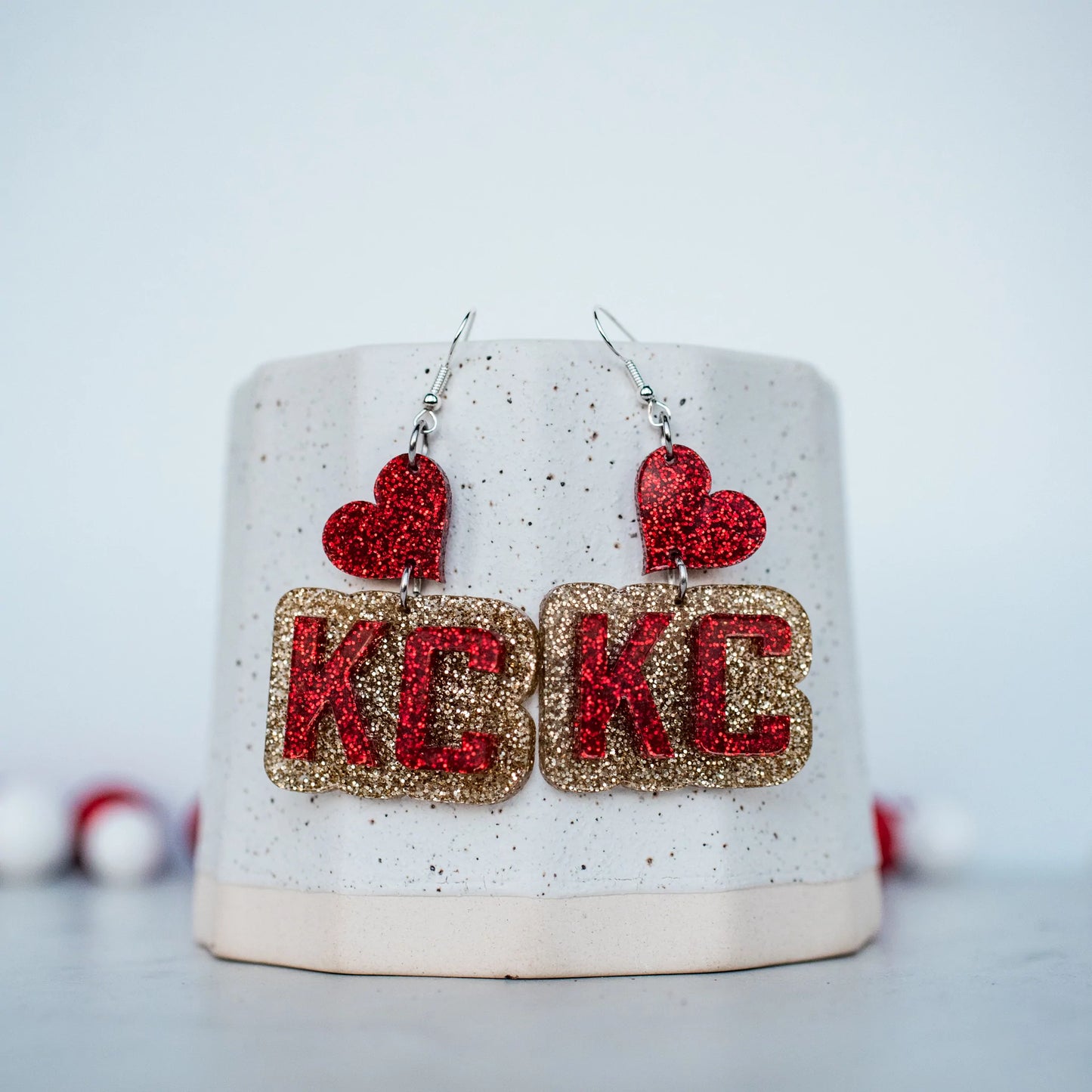 Red & Gold Glitter KC Heart Double Layered Drop Dangles