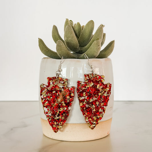 Large Chunky Red & Gold Glitter Arrowhead Dangles